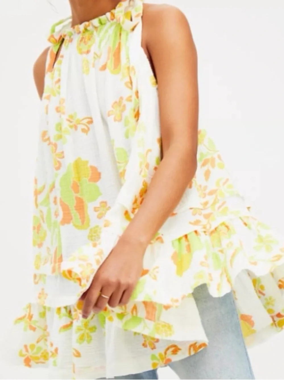 Free People Fleur Dress Top Sz M Cotton Gauze Tiered Tie Shoulder Boho Cottage